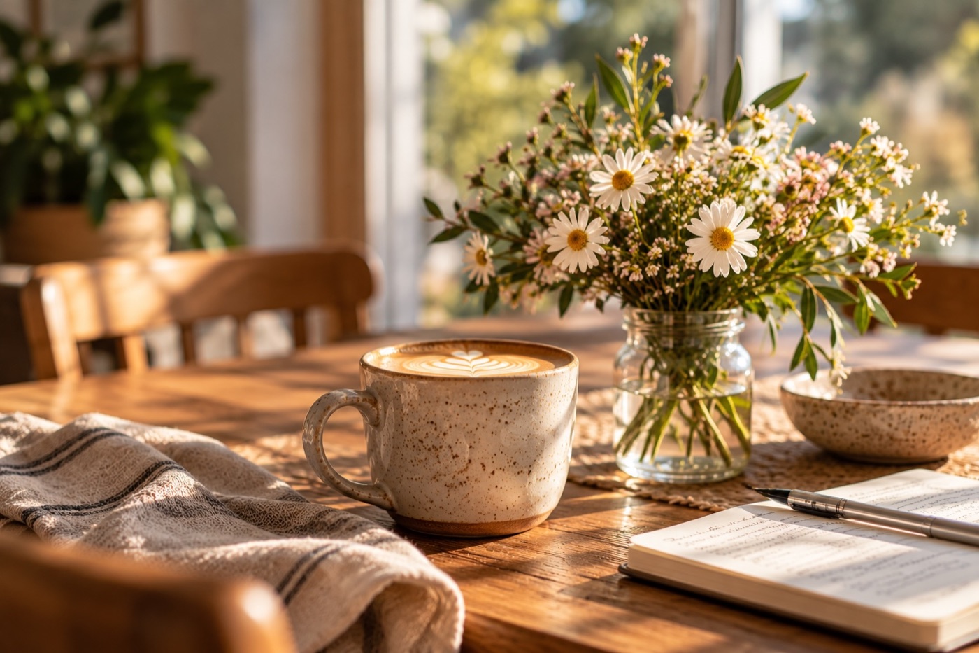 A cup of coffee beside flowers, a notebook and pen on a sunlit table