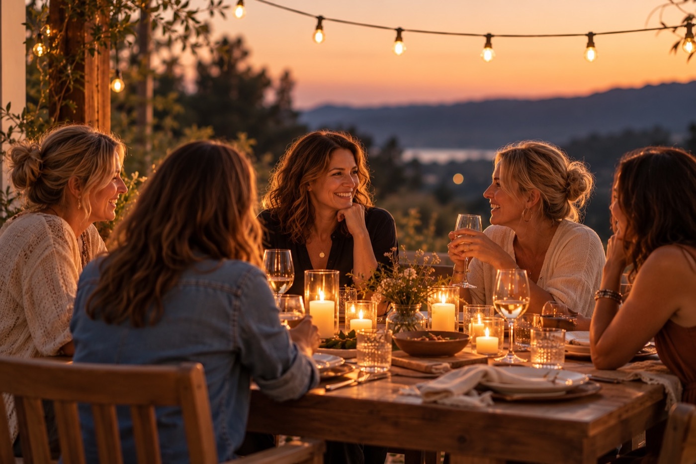 Women sharing a conversation around an outdoor table at sunset