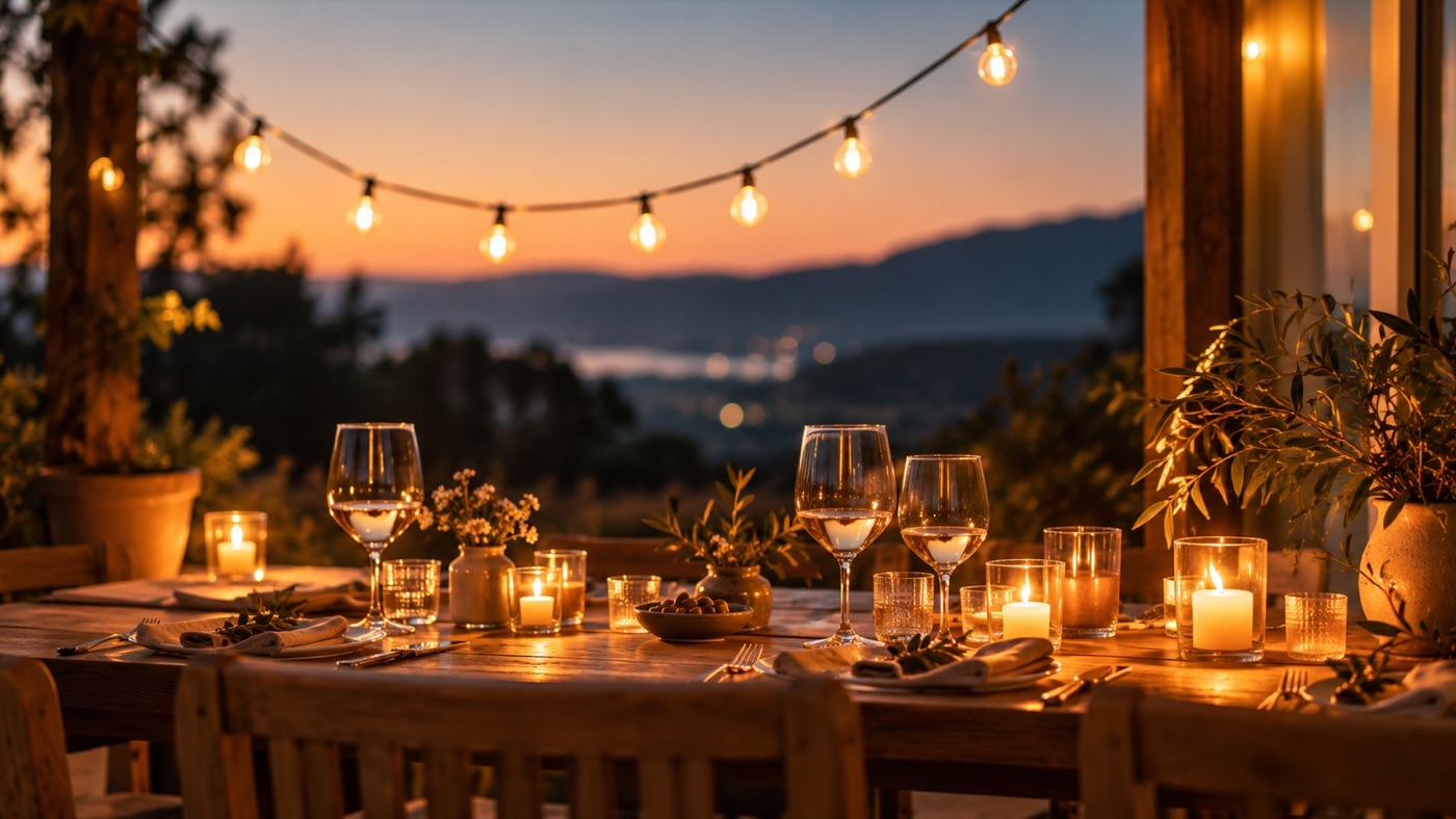 An outdoor table lit by string lights at sunset