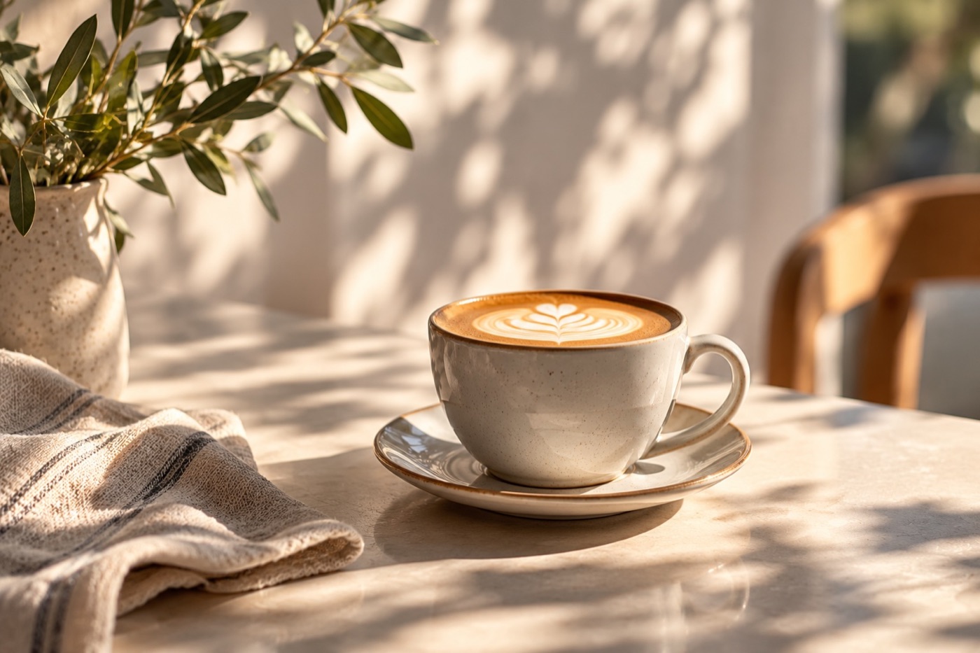 A cup of coffee on a sunlit café table